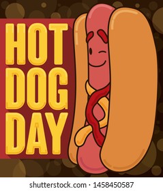 Cute hotdog winking at you and promoting Hot Dog Day in a summer night in flat style and outlines.