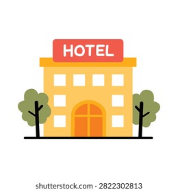 Cute Hotel Building Flat Doodle Icon with Trees for Travel Accommodation Tourism Hospitality and Vacation Illustration