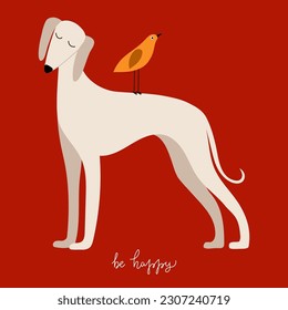 Cute hound dog with a bird on its back. A drawn illustration in a flat style on a red background with space for text. For postcards, posters, tee print, advertising, veterinary clinic, web.