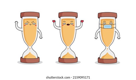 Cute hourglass cartoon character set 1 of hand waving, spreading love and wearing a mask