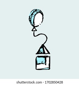 Casa con globo de estilo doodle dibujado a mano aislada de fondo blanco. Firmar edificio residencial.  Compra, venta, alquiler de inmuebles, logotipo, impresión, elemento de diseño.