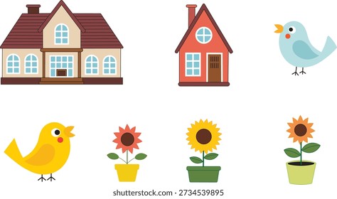 Cute House, Bird, and Flower Pot Vector Set. Home Illustration Bundle