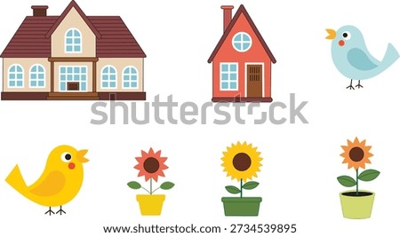 Cute House, Bird, and Flower Pot Vector Set. Home Illustration Bundle