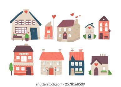 Cute house building exterior of love, passion, adoration and romance with heart shape symbols isolated set. Suburb cottage, safety home, country mansion vector illustration. Insurance and protection