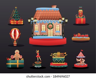 cute house and bundle of christmas toys vector illustration design