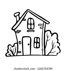 Cute house with bushes outline doodle сartoon style vector illustration for coloring page