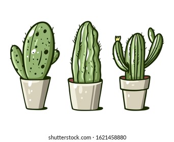 Cute house cactus in the pots set. Hand drawn vector illustration. Flat cartoon style. Isolated on white background.