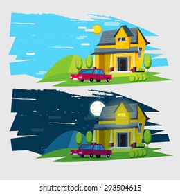 Cute House And Car With Landscape Background. Day And Night Time - Vector Illustration