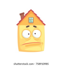Cute house cartoon character with sad expression on its face, funny  emoticon vector illustration