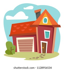 Cute House In Cartoon Style Against The Sky And Clouds. Stylized, Bright House With Garage