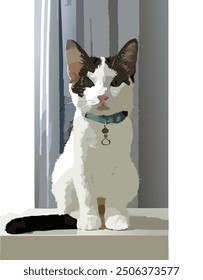 cute house cat illustrator with a leash around its neck