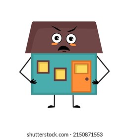 Cute house character with angry emotions, grumpy face, furious eyes, arms and legs. Building man with irritated expression, funny cottage. Vector flat illustration
