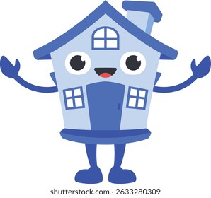 cute house character cartoon friendly expression happy pose stretching both hands