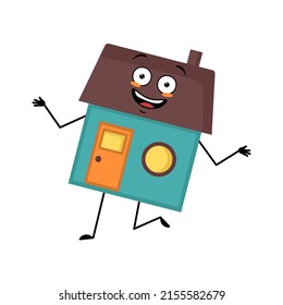 Cute house character with crazy happy emotions, joyful face, smile eyes, dancing arms and legs. Building man with funny expression, funny cottage. Vector flat illustration