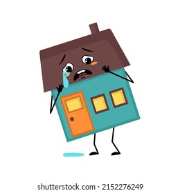 Cute house character with crying and tears emotion, sad face, depressive eyes, arms and legs. Building man with melancholy expression, funny cottage. Vector flat illustration