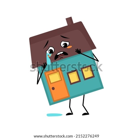 Cute house character with crying and tears emotion, sad face, depressive eyes, arms and legs. Building man with melancholy expression, funny cottage. Vector flat illustration