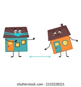 Cute house character with face in medical mask keep distance, arms and legs. Building man with care expression, funny cottage. Vector flat illustration