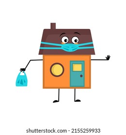 Cute house character with face in medical mask and keep distance, hands with shopping bag and stop gesture. Building man with care expression, funny cottage. Vector flat illustration