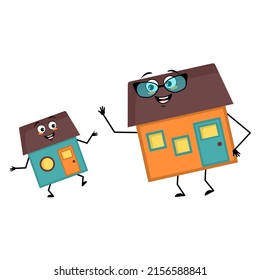 Cute house character with glasses and grandson dancing character with happy emotion, face, smile eyes, arms and legs. Building man with funny expression, funny cottage. Vector flat illustration