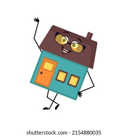 Cute house character with glasses and happy emotion, face, smile eyes, arms and legs. Building man with funny expression, funny cottage. Vector flat illustration