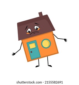 Cute house character with sad emotions, depressed face, down eyes, arms and legs. Building man with melancholy expression, funny cottage. Vector flat illustration