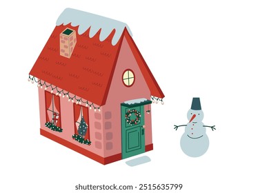 Cute House with Christmas decoration. Country house with snowman. Isometric vector illustration.