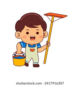 cute house cleaner boy cartoon character