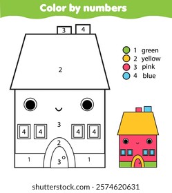 Cute house color by numbers educational game for elementary level kids, toddlers. coloring page for pre school children.