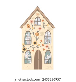 Cute house decorated with doodle flowers isolated on white background. Vector tiny house front view with big windows and painted with greenery and flowers.