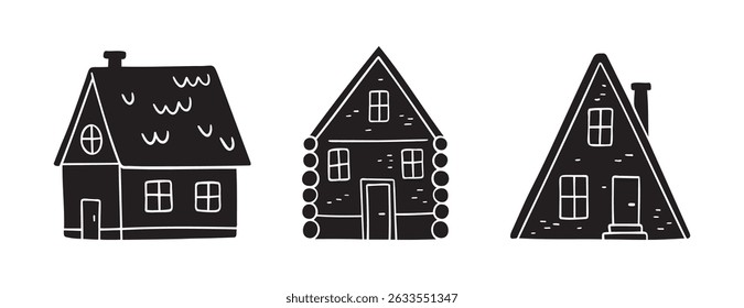 Cute house doodle hand drawn. Scandinavian boho silhouette wooden house isolated elements set. Forest house collection various elements hut. Vector illustration