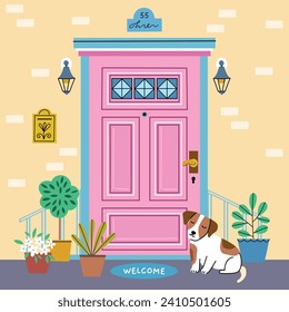 Cute house exterior. front door with different elements, welcome home, elegant exterior threshold, outside entrance, vector background.eps
