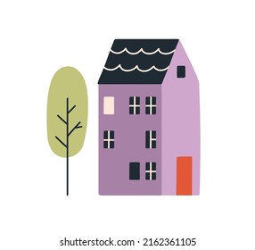 Cute house exterior with trees outside. Sweet home facade in Scandinavian style. Scandi Nordic town building. Childish colored flat vector illustration isolated on white background