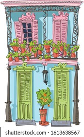 A Cute House Facade With Balcony Decorated With Flowers Growing In Pending Pots. Cartoon. Caricature.