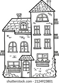 Cute house facade with tiled roof and chimney doodle