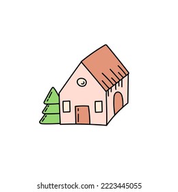 Cute house with fir tree doodle vector illustration