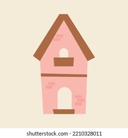 Cute house flat vector illustration isolated on a white background. Pink country house in doodle style.