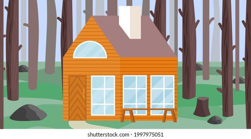 Cute house in the forest. Summer vector illustration.