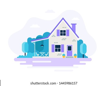 Cute house with garden. Vector illustration in flat style, isolated on white background