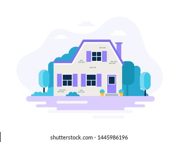 Cute house with garden. Vector illustration in flat style, isolated on white background