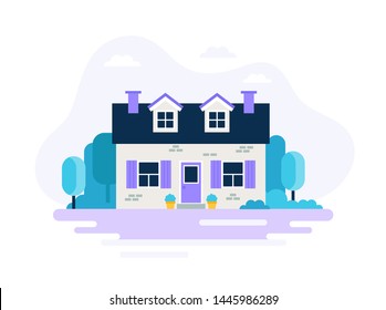 Cute house with garden. Vector illustration in flat style, isolated on white background