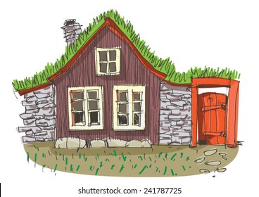 cute house with grass on the roof - cartoon