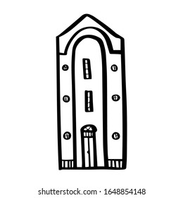 Cute House in handgezeichnet doodle Stil einzeln auf weißem Hintergrund. Vektorillustration umreißt die Architektur von Stockillustrationen. Unterschreiben Sie ein Wohngebäude. Einzel. Kauf, Verkauf, Miete von Immobilien. Eine Zeile.