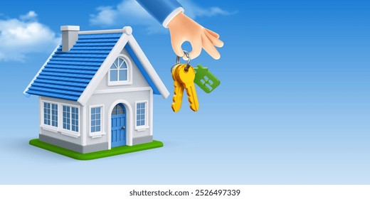 Cute house, hand holds keys with keychain. Banner template on real estate theme, buying, selling, protection, security, property insurance, blue sky background. Vector 3d realistic illustration