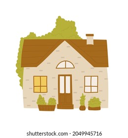 Cute house, home in village or town neighborhood vector illustration. Cartoon summer brown facade of funny house building cottage with roof door windows chimney isolated on white