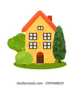 Cute house illustration with tree and bushes on white background. Country house concept.