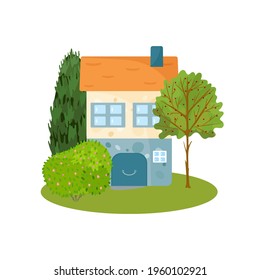 Cute house illustration with tree and bushes on white background. Country house concept in Summer season.