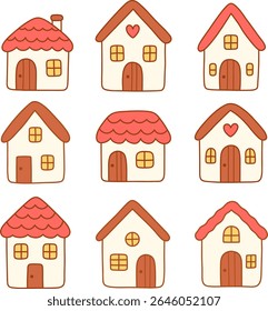 Cute house illustrations with various designs and colors, featuring charming roofs and doors, evoke sense of warmth and coziness
