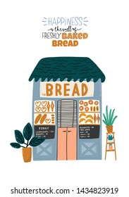Cute house isolated on white background. Motivational quote lettering. Flat vector illustration in trendy scandinavian style. Good for shop, store, cafe and restaurant