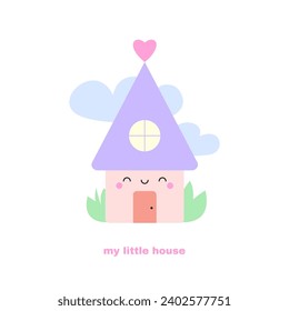 Cute house kawaii illustration clipart in pastel colors. Happy smiley cartoon style card, sticker, poster