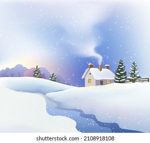 Cute house with light from windows on white snow and spruces background. House, frozen brook and snow vector